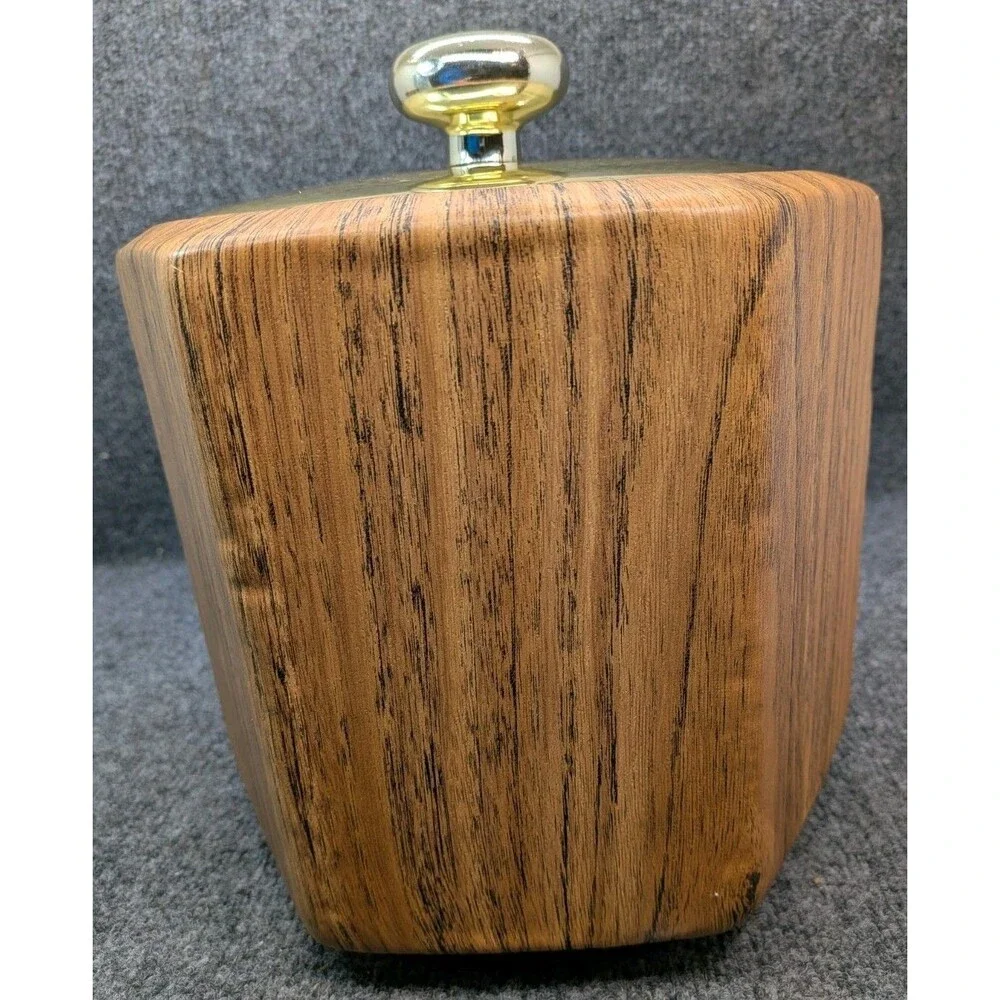 Kraftware Vintage Ice Bucket Faux Woodgrain Gold Tone Lid Mid Century Barware